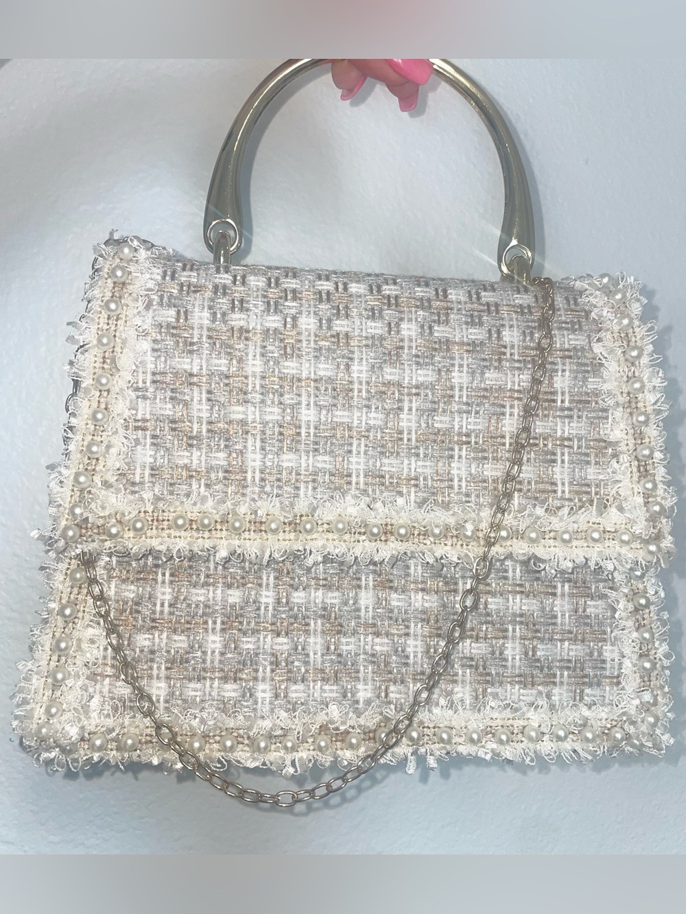 Elegant Ivory Tweed Pearl-Trim Top-Handle Bag Versona